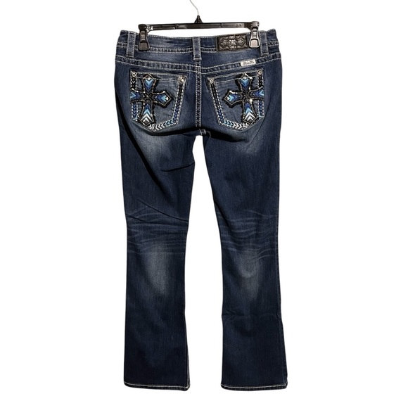 Miss Me Jeans Womens 28 Blue Low Rise Signature Boot Cut Cross Thick Stitch - Picture 1 of 11